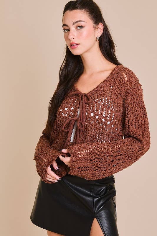 Front Tie Crochet Effect Sweater Top: Brown / SWJ2251