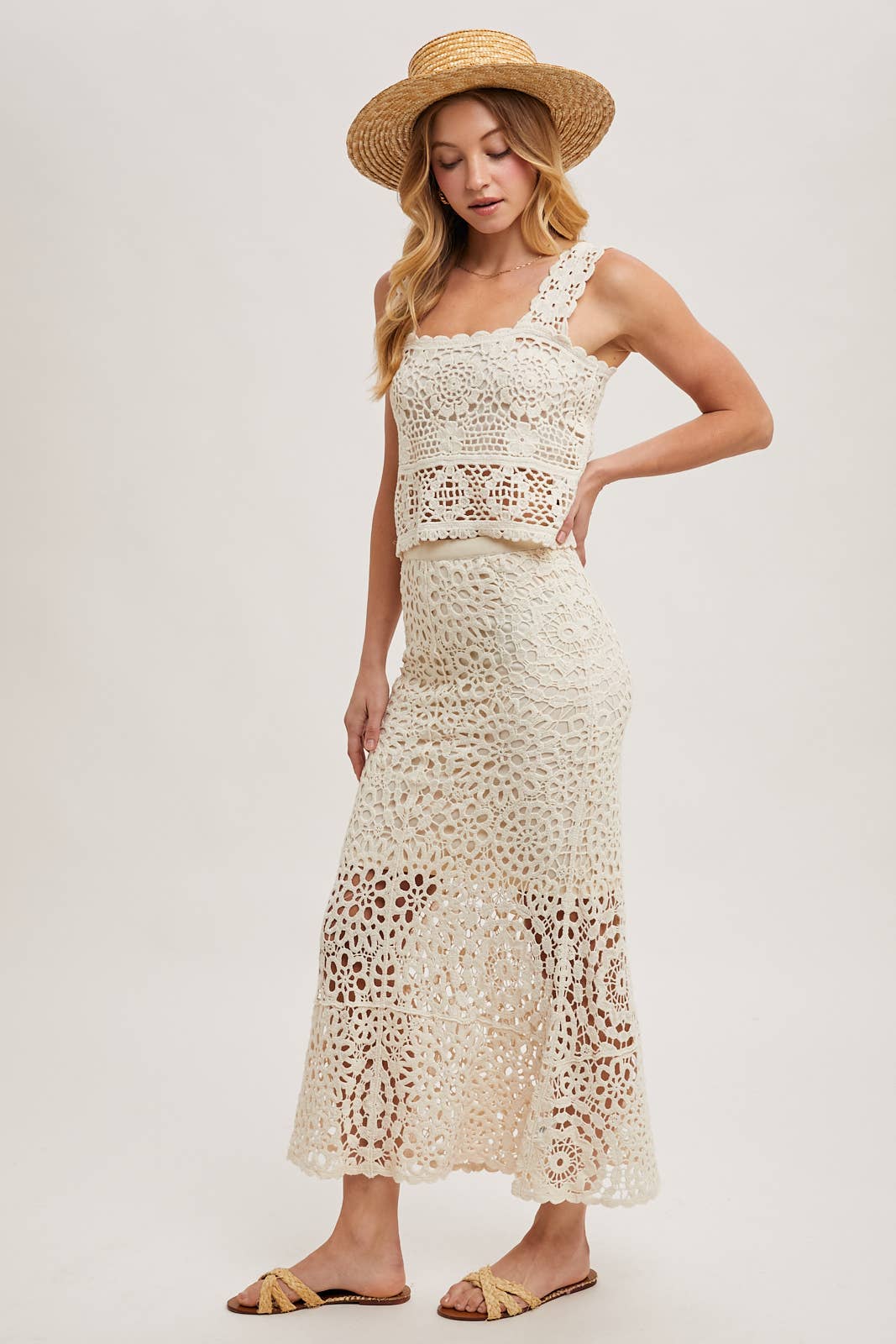 CROCHET MIDI SKIRT WITH LINING: NATURAL / B02609