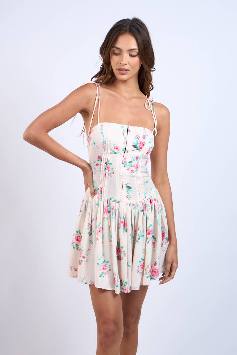 FLORAL CORSET SHAPE HOOK&EYES MINI DRESS: Vanilla Red Flower / SM-D20665C