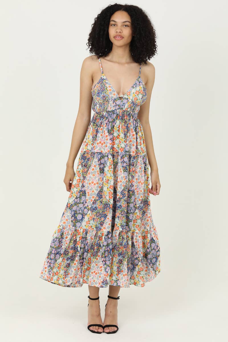 F4F72-FQ85 V NECK OPEN TIE BACK MAXI DRESS