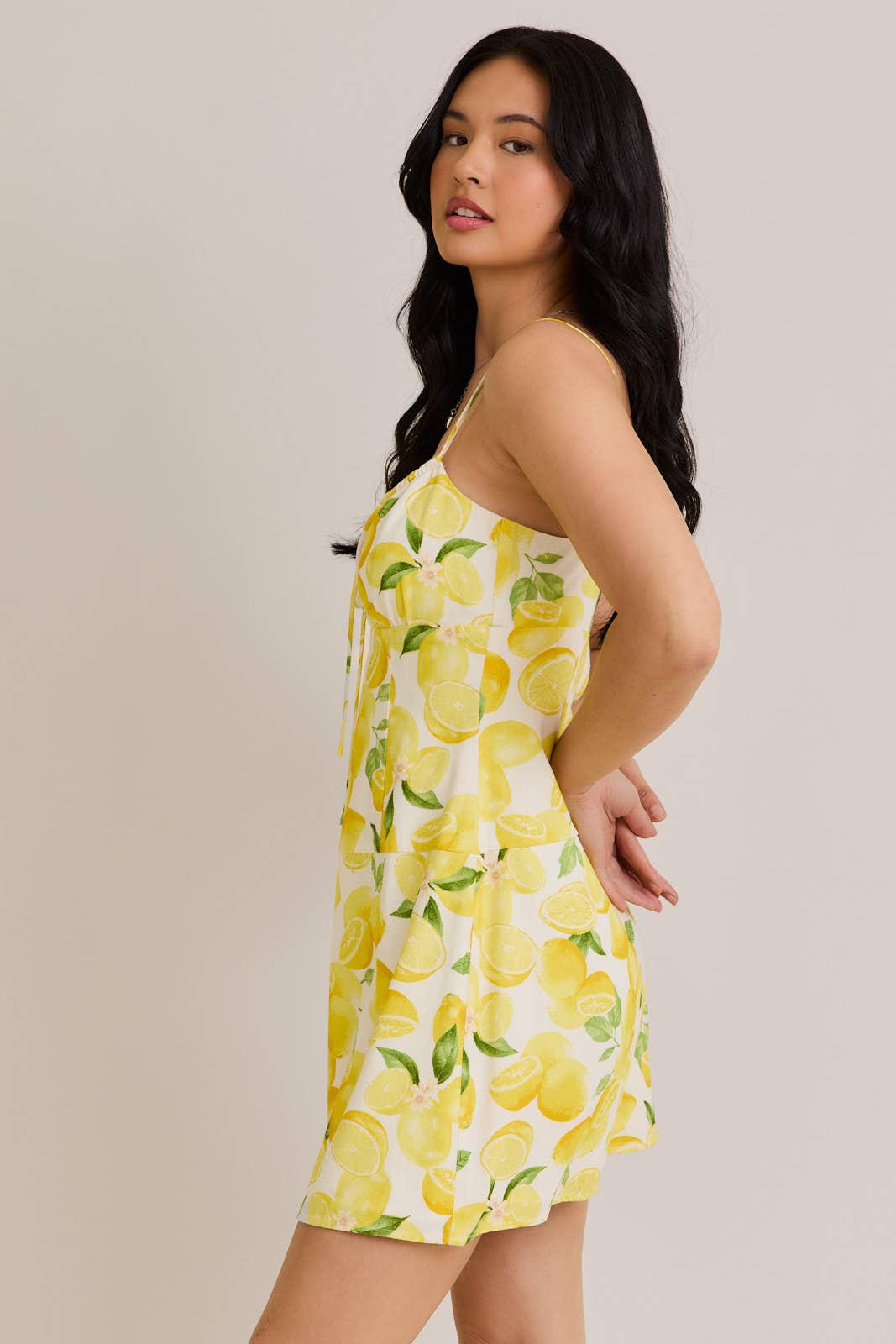 SHIRRED NECK LOW WAIST DRESS: CREAM-YELLOW / SD3094