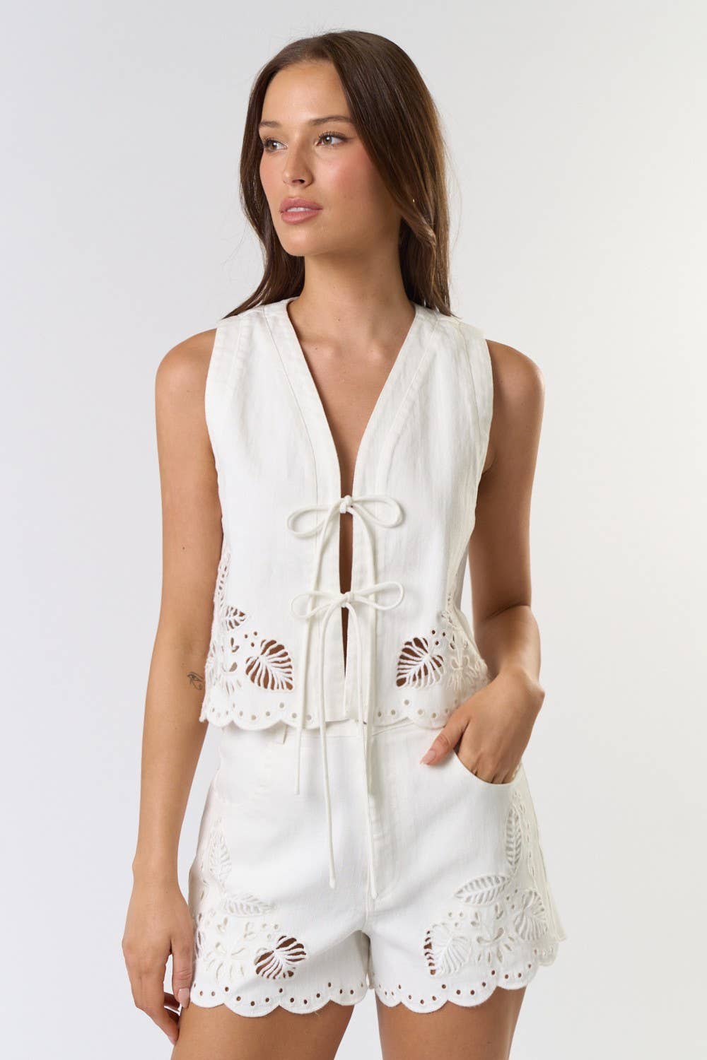 ILT5284 Front Tie Embroidered Vest: Brown