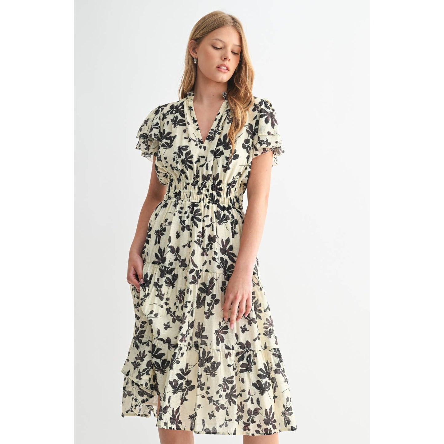 FLOWER PRINT RUFFLE SLEEVE MIDI DRESS: Ivory / FD68025