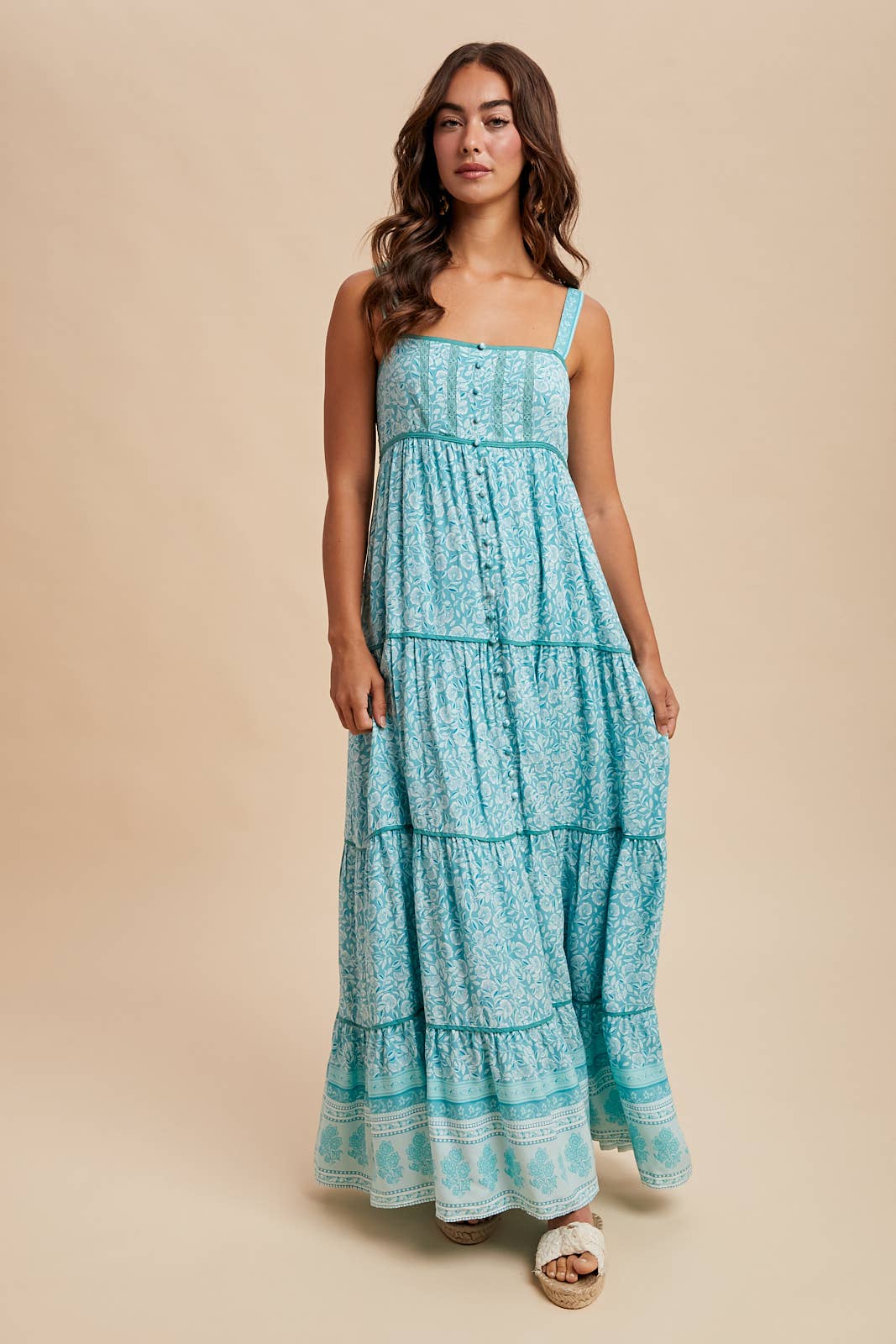 BORDER PRINT SLEEVELESS MAXI DRESS: PAPAYA / ILD6258