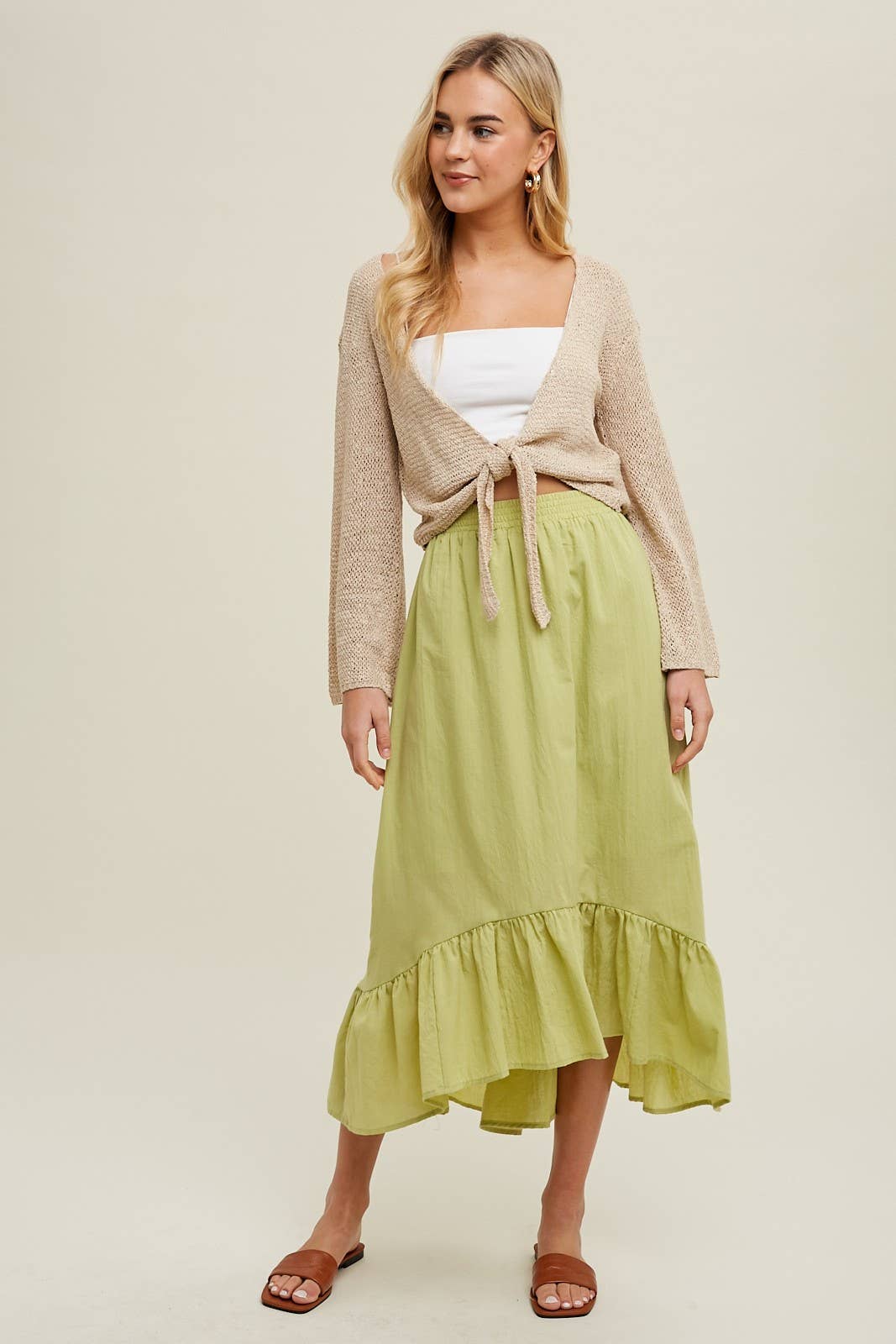 OPEN KNIT SWEATER SELF-TIE CARDIGAN / WL24-8627: TAUPE