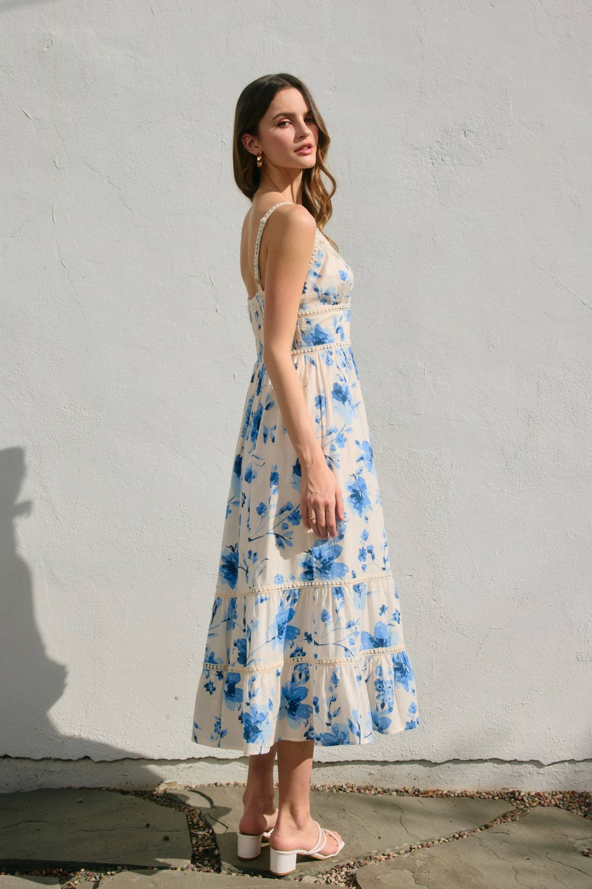 Azure Blossom Lace Trim Tiered Maxi Dress: BLUSHED BLUE / FD12907-P2127
