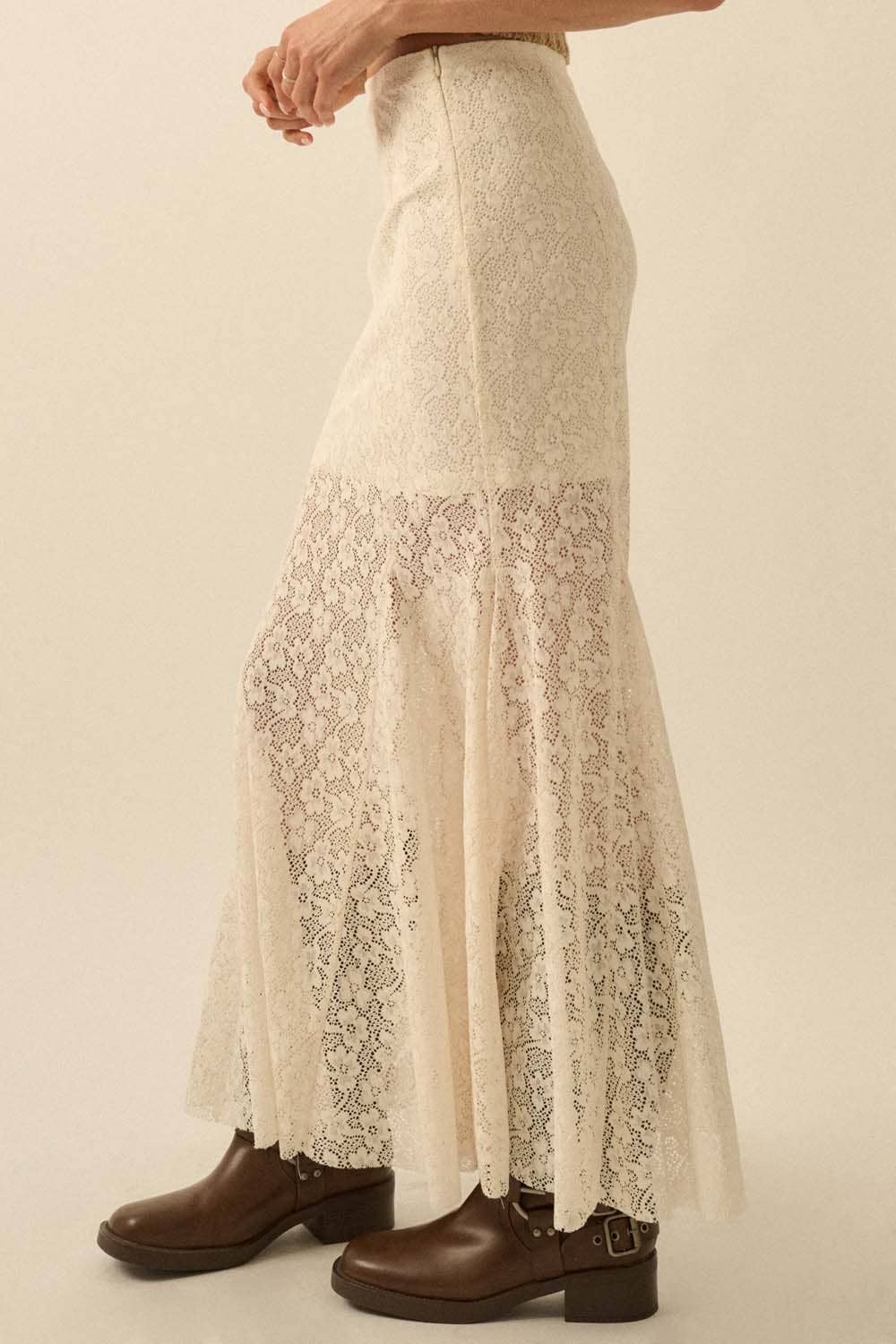 Floral Crochet Lace Fitted Mermaid Maxi Skirt: Black / FSB0126