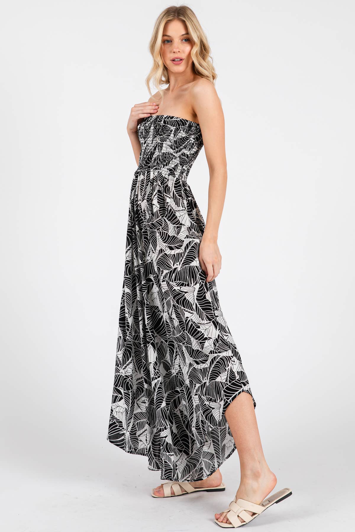 Print Smocked Detailed Off Shoulder Jumpsuit - NJU60429D: Black