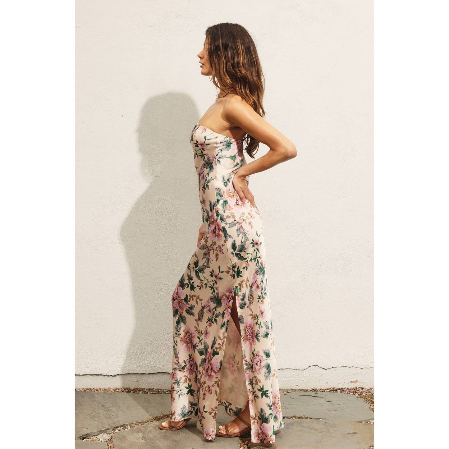 Morning Meadow Strapless Bias Cut Maxi Dress: ECRU/PINK / FD11771-P1076