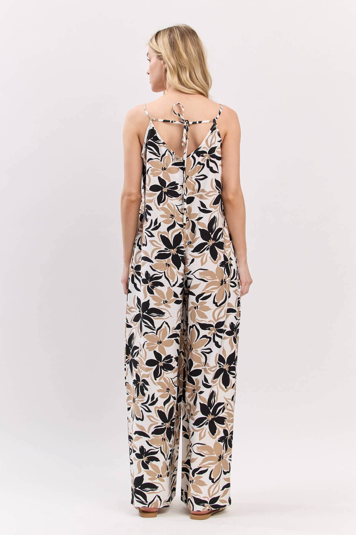 V-Neck Shoulder Strap Tie Back Jumpsuit - VJ3915: Blue/ Taupe