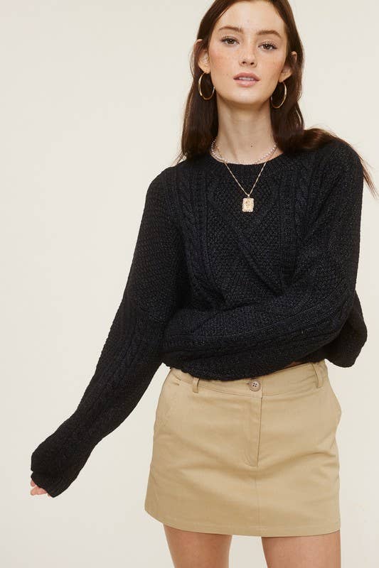 MT1506 CREWNECK CABLE-KNIT LONG SLEEVE CROPPED SWEATER: Brown