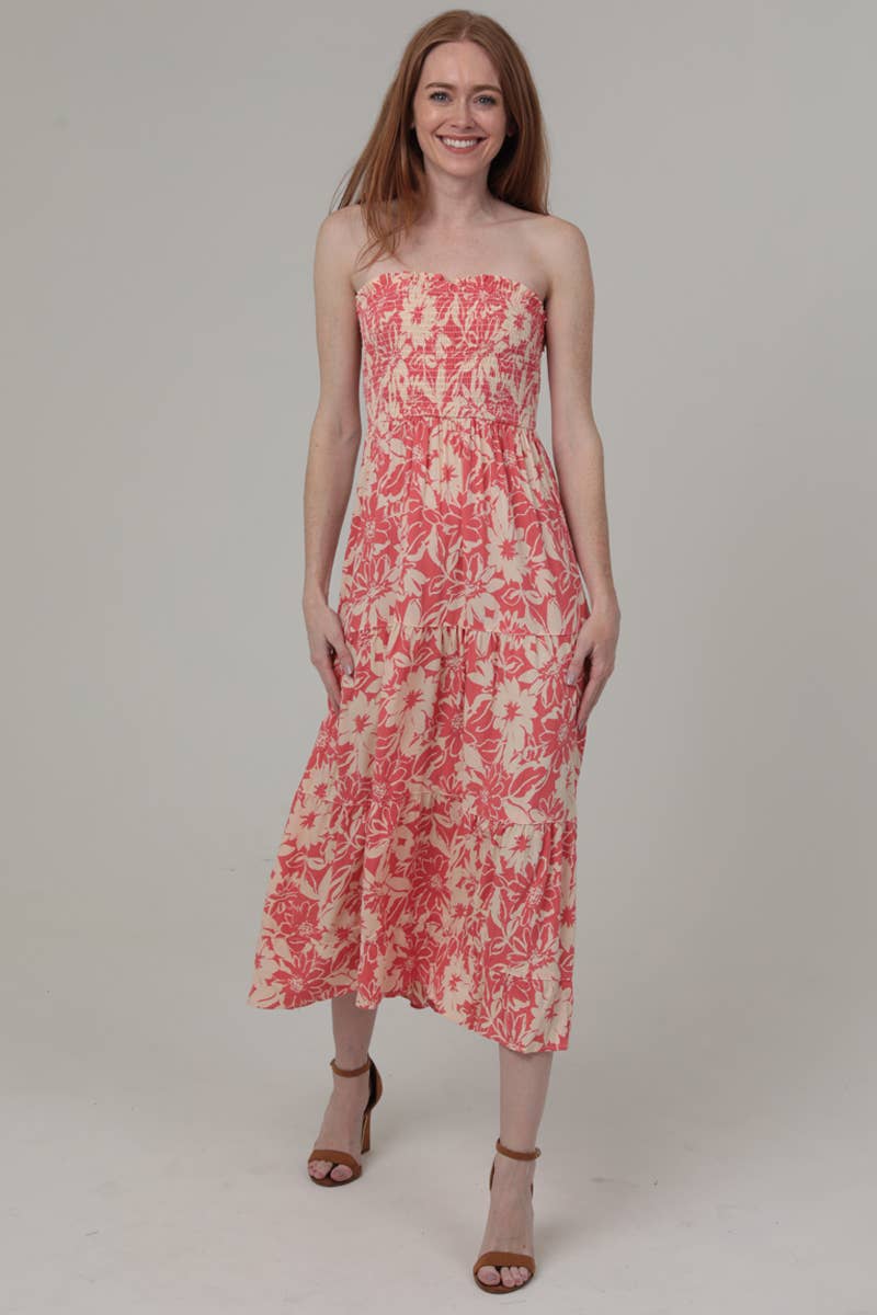 C4E68-FR34 SMOCKED BUST STRAPLESS FLORAL PRINT MIDI DRESS