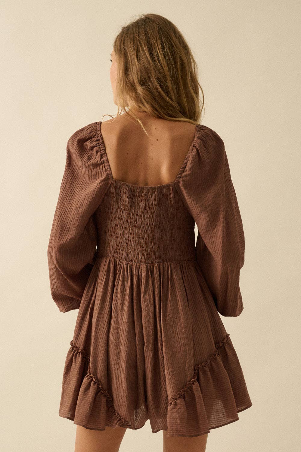 Tonal-Stripe Ruffled Tie-Front Peasant Romper: OATMEAL / NPC2301