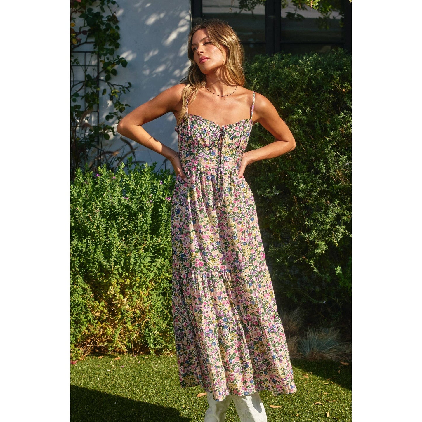 Morning Glory Corset Tie Back Dress: PINK GREEN FLORAL / FD9332-CP422
