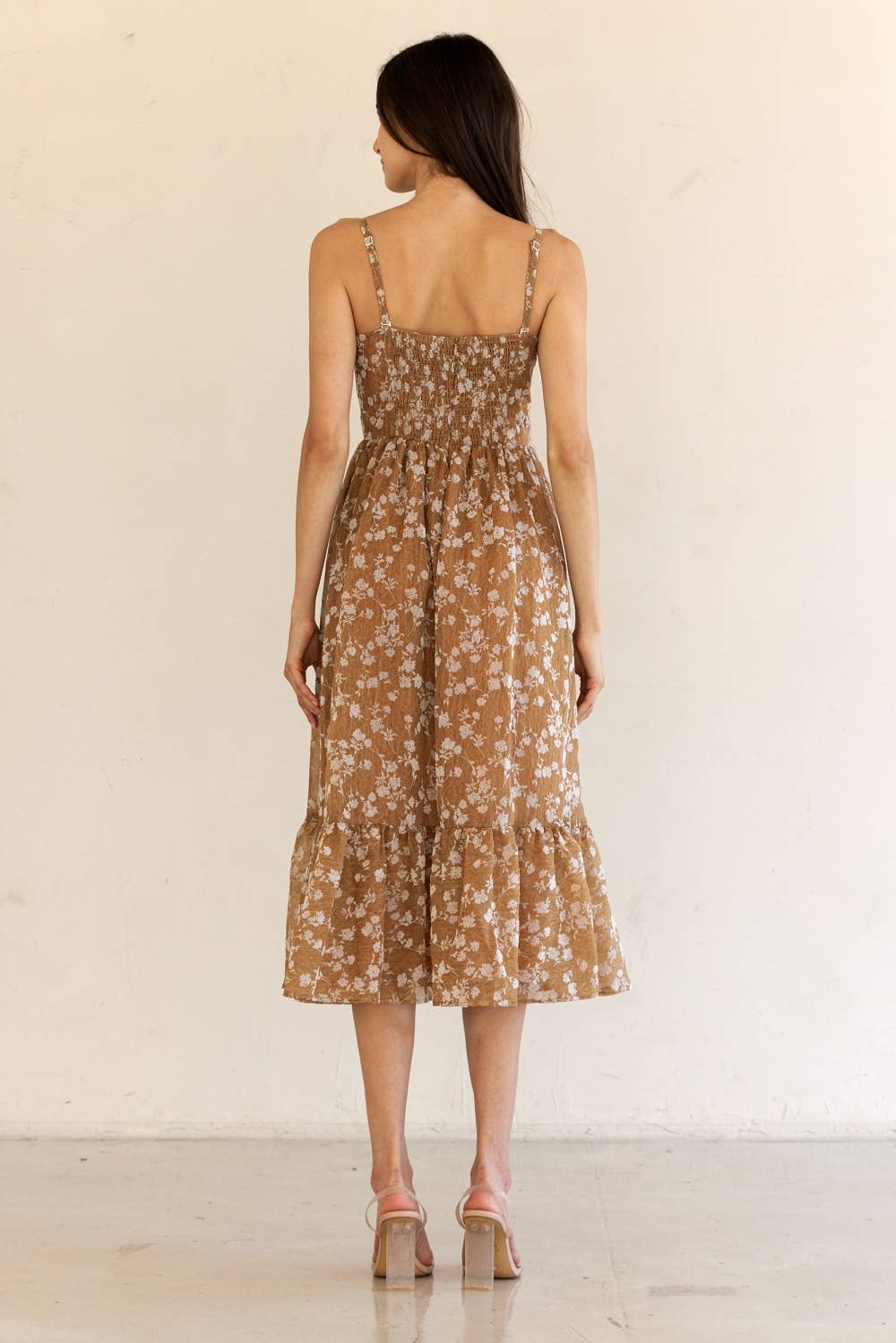 HD1724-39-FLORAL PRINT RUFFLED HEM MIDI DRESS: DK CORAL/FLORAL