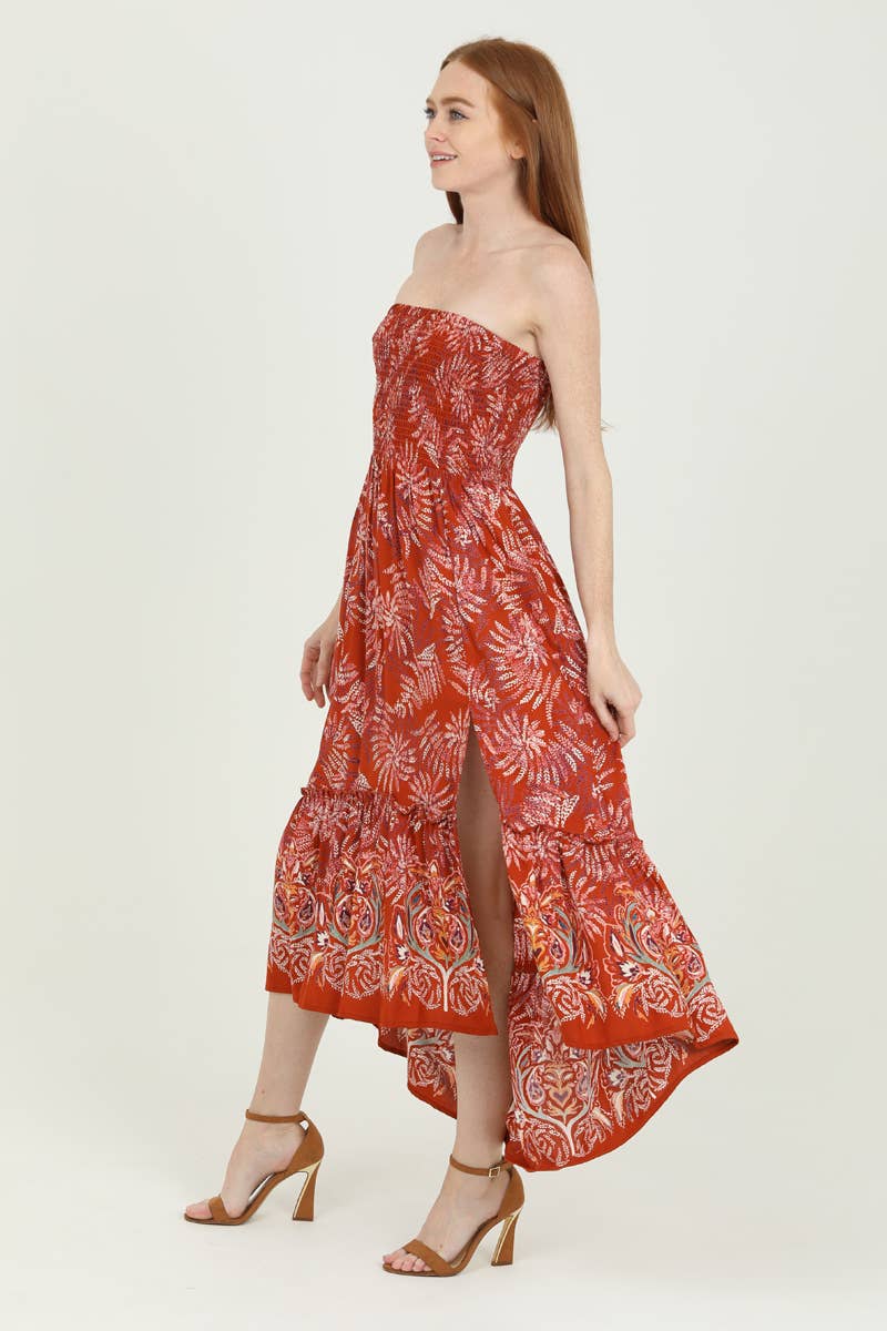 C4B01-A885 SMOCKED BODICE STRAPLESS MAXI DRESS WITH SLIT