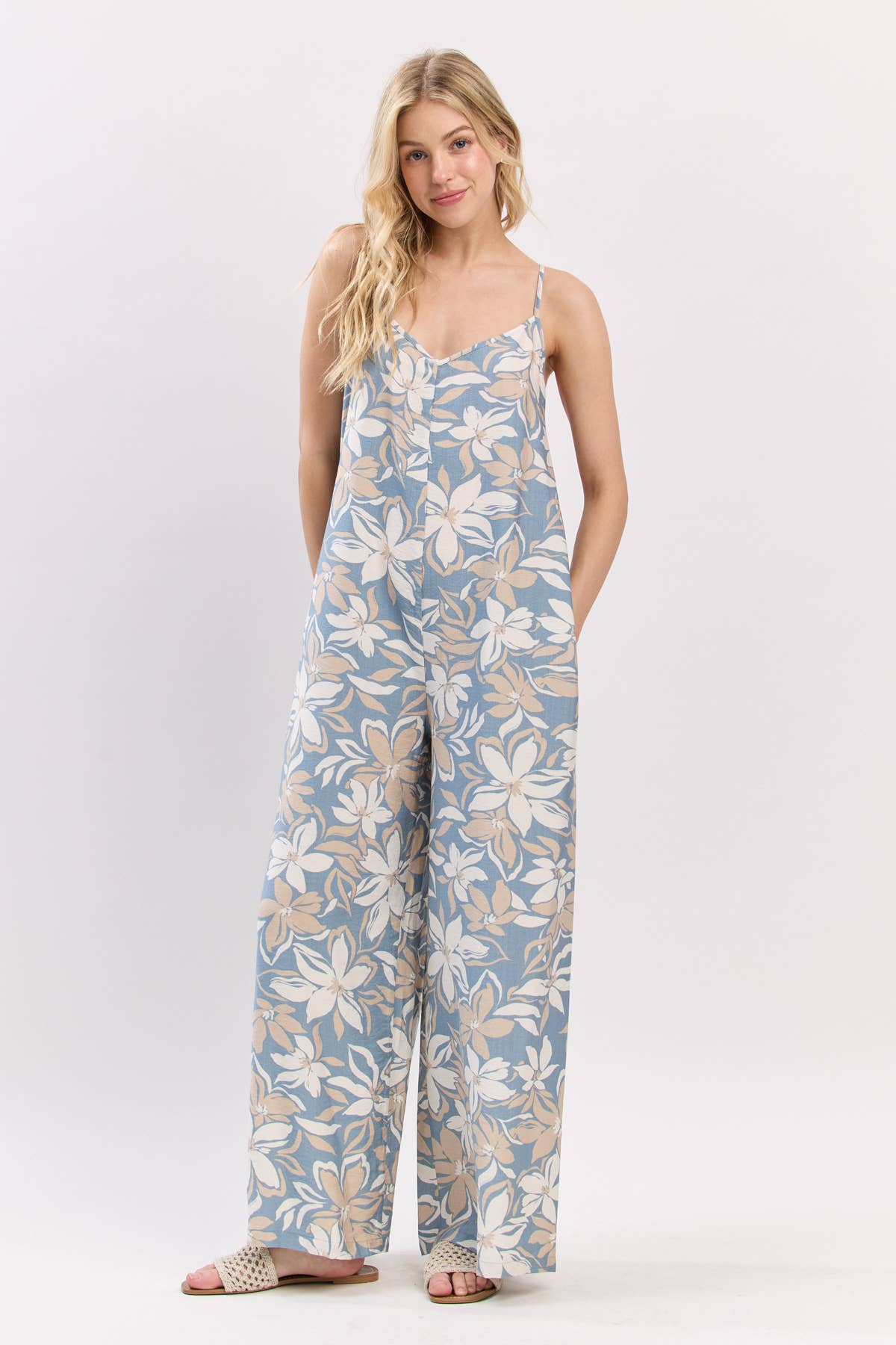 V-Neck Shoulder Strap Tie Back Jumpsuit - VJ3915: Blue/ Taupe
