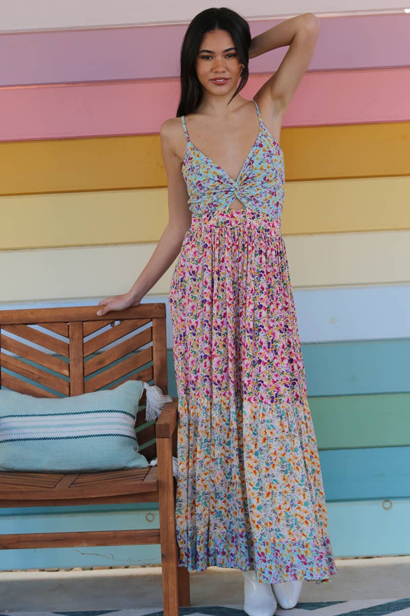 Blue green F4F50-A814 V NECK TWIST FRONT CUT OUT MAXI DRESS
