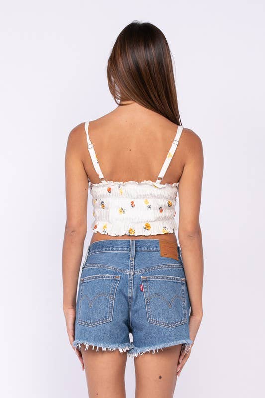 FLORAL SLEEVELESS CORSET STYLE RUFFLE CROP TOP: Joy / SM-T10177B