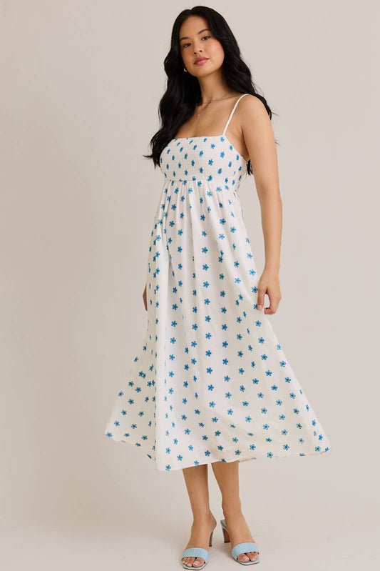 SMOCKED BABY DOLL MAXI DRESS: WHITE-BLUE FLORAL / SD3032