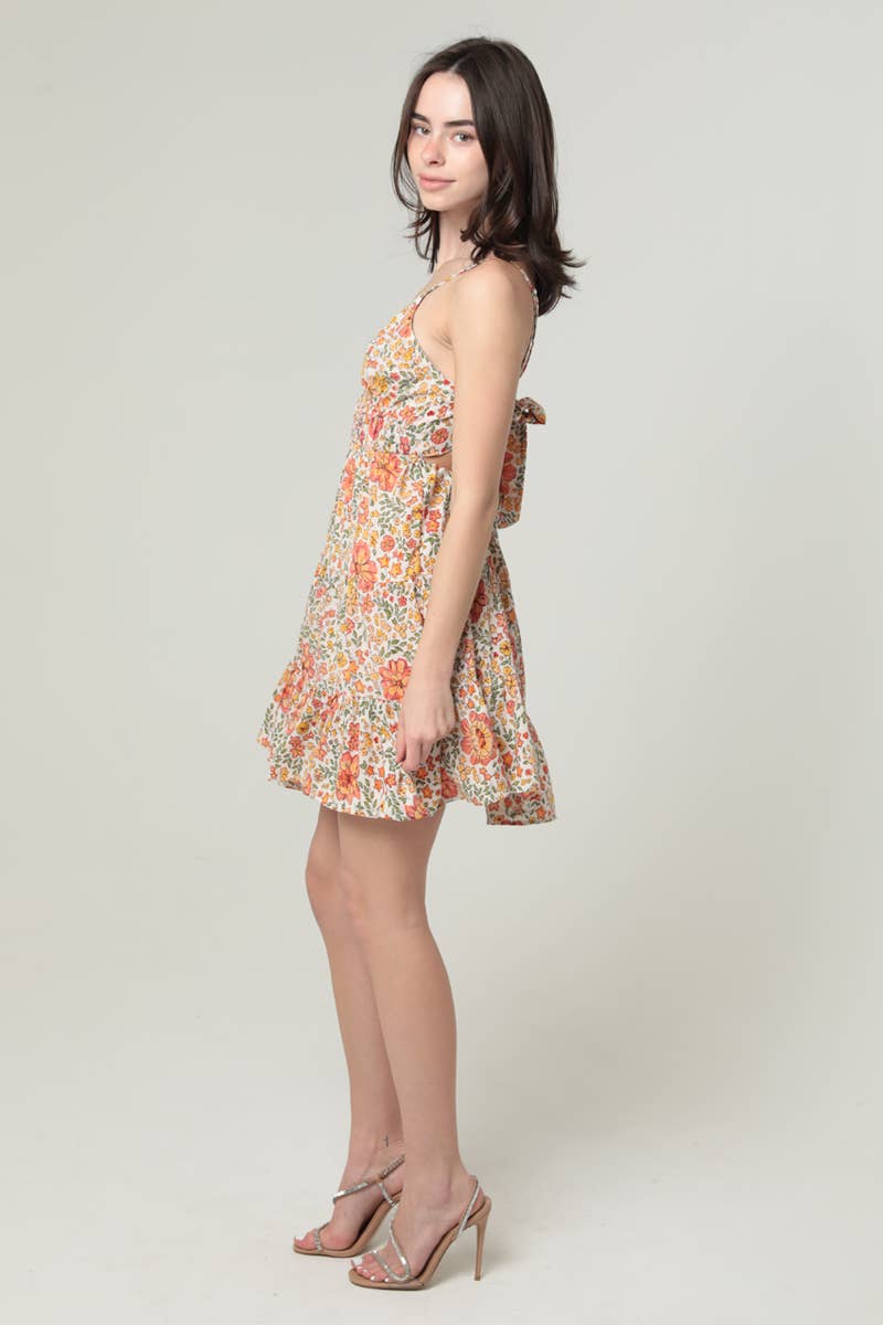 F4H12-WA34 PRINTED V NECK OPEN TIE BACK SUNDRESS