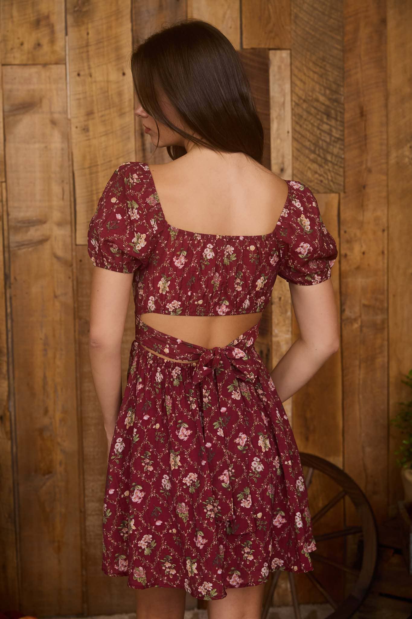 FLORAL CORSET DETAIL BACK TIE MINI DRESS: BURGUNDY CR2456A