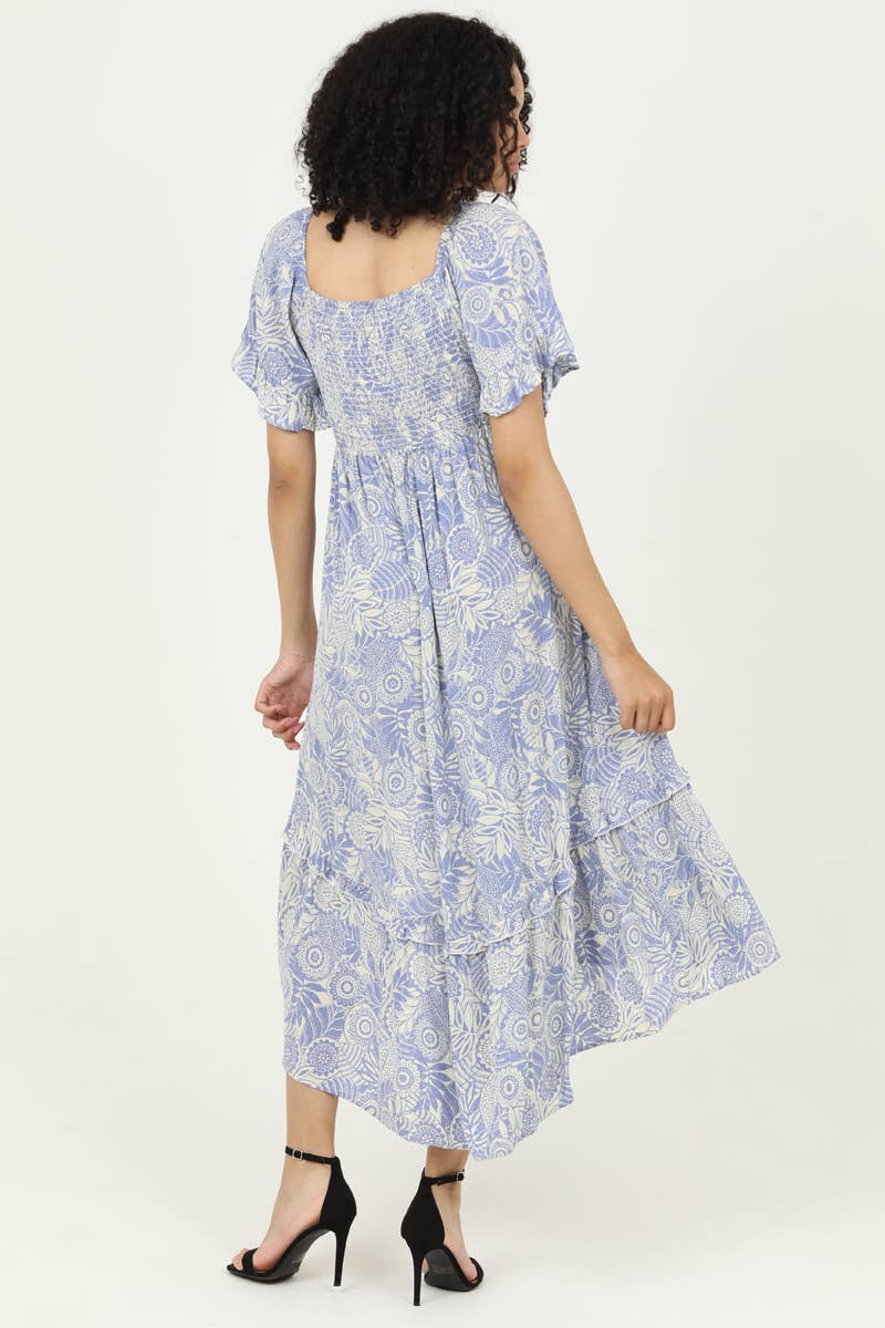 C4B39-A853 V NECK SMOCKED BODICE MAXI DRESS WITH SLIT