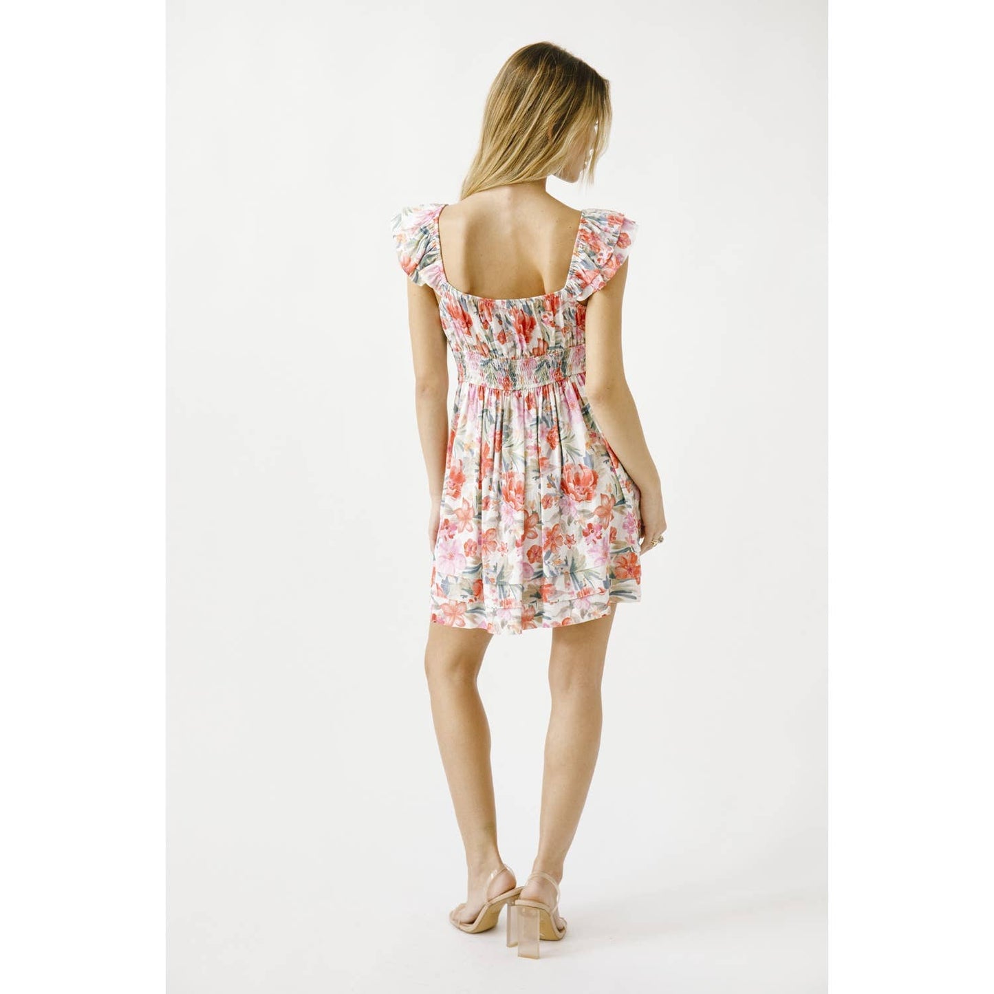 JD6057-1- WARM MULTI COLORED FLORAL A-LINE MINI DRESS: WHITE/MULTI FLORAL