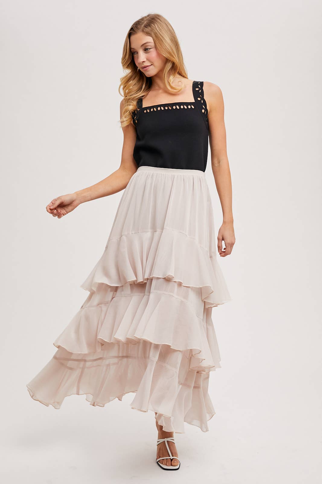 TIERED RUFFLE MAXI SKIRT WITH LINING: Black B02722