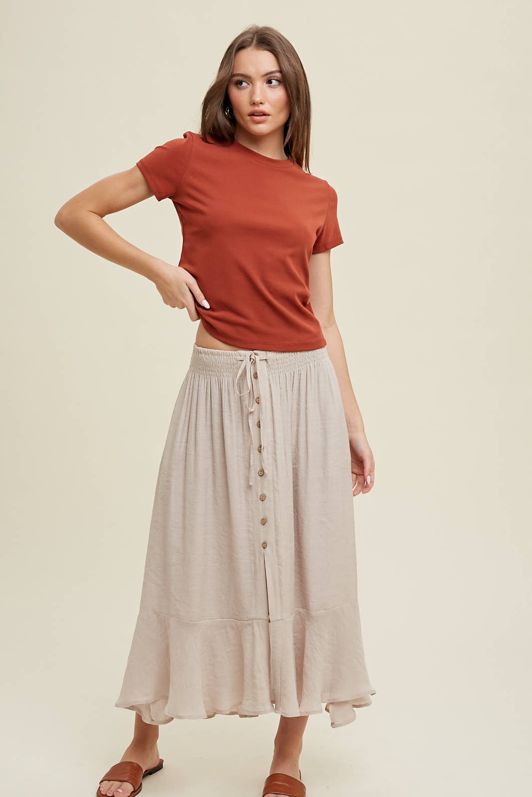 BUTTON-UP MIDI SKIRT WITH DRAWSTRING / WL23-7528: HAZELNUT