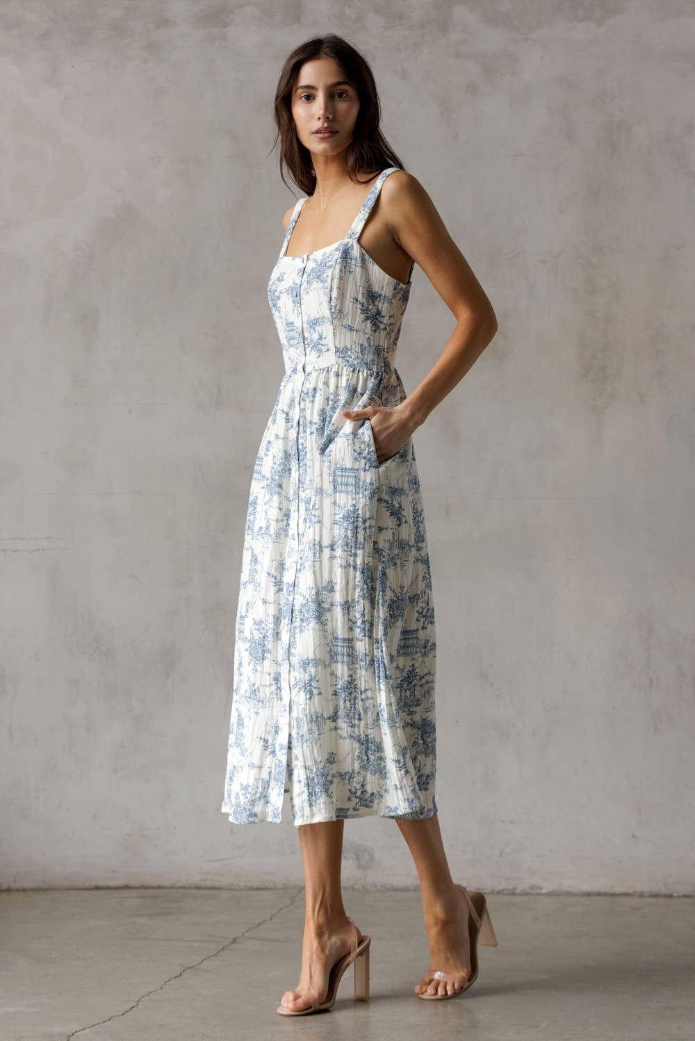 SJD7548-WHITE BLUE MIDI DRESS: WHITE/BLUE