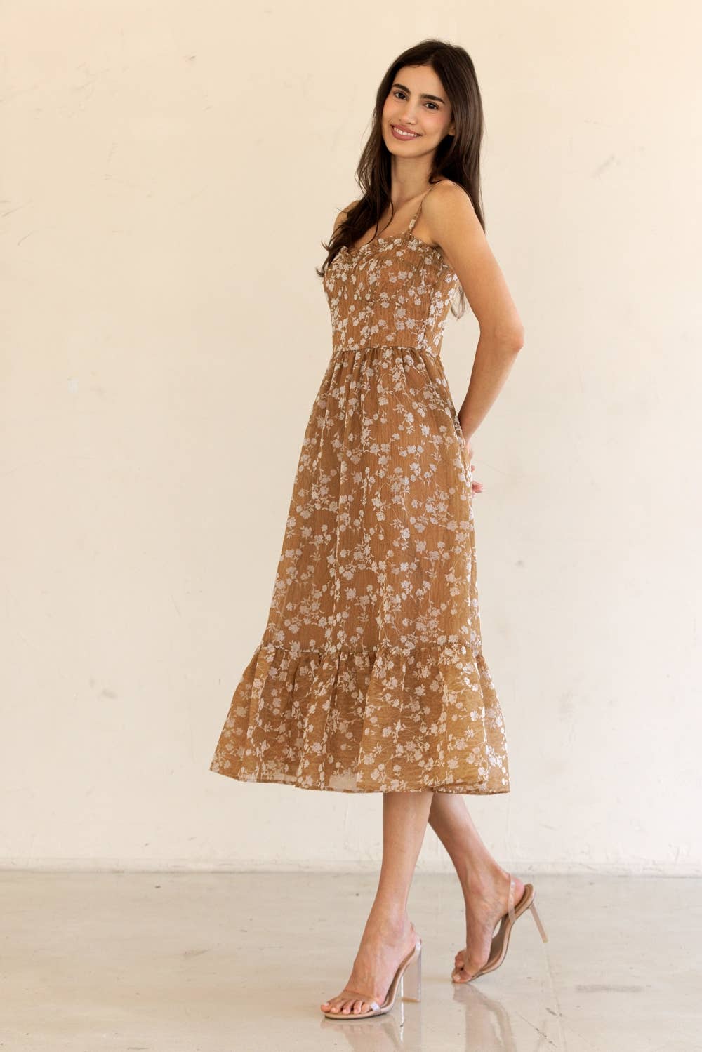 HD1724-39-FLORAL PRINT RUFFLED HEM MIDI DRESS: DK CORAL/FLORAL