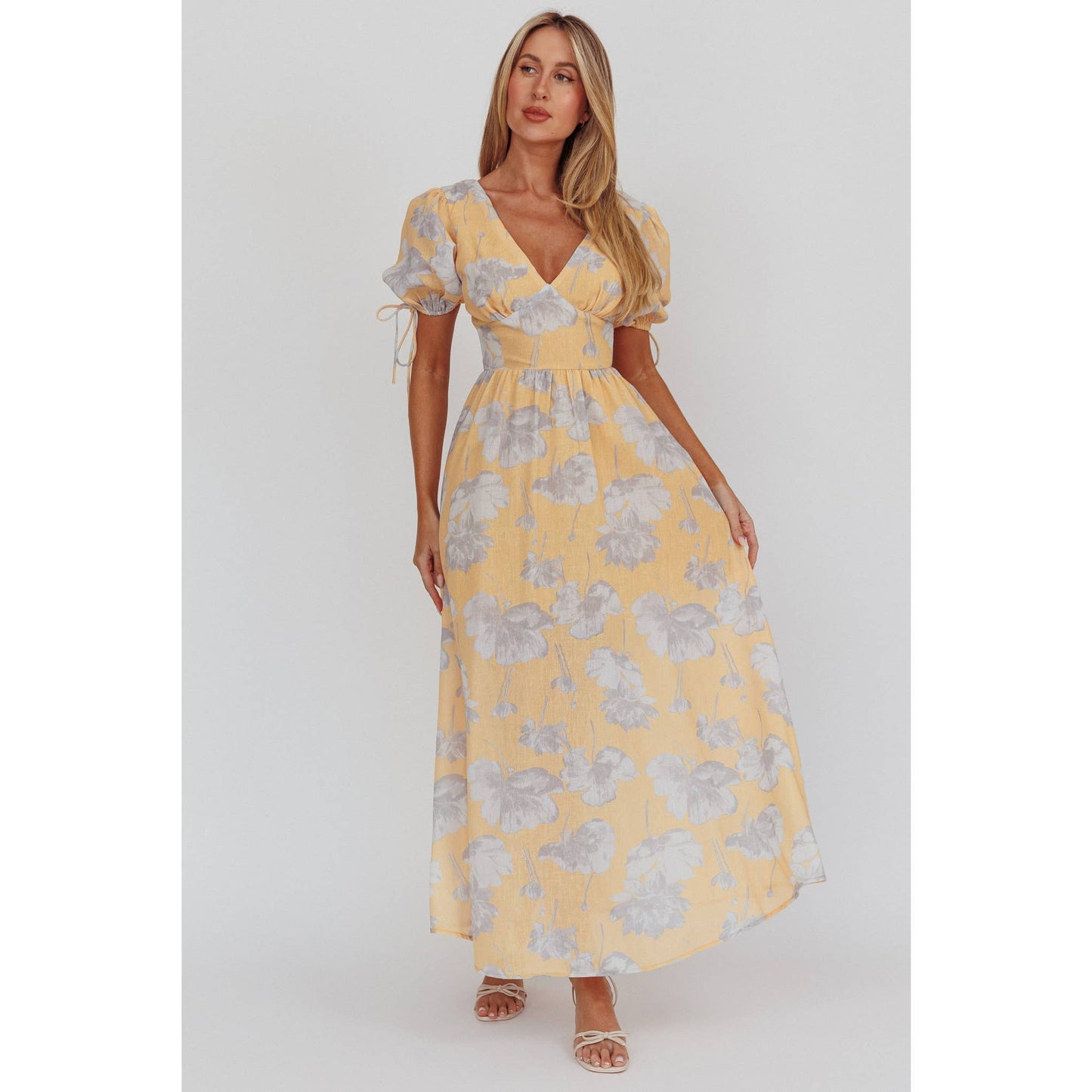 BELL SLEEVE FLORAL MAXI DRESS: GREEN / SR1253J