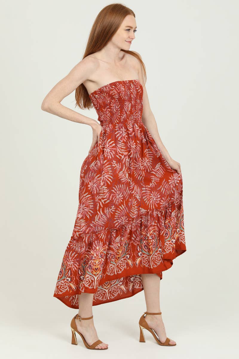 C4B01-A885 SMOCKED BODICE STRAPLESS MAXI DRESS WITH SLIT