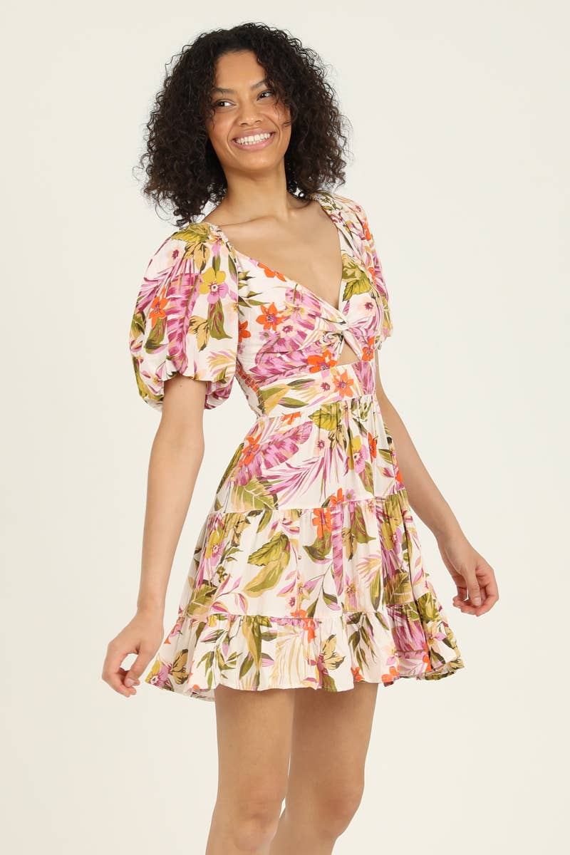 C4B91-A878 V NECK TWIST FRONT PUFF SLEEVE CUT OUT DRESS