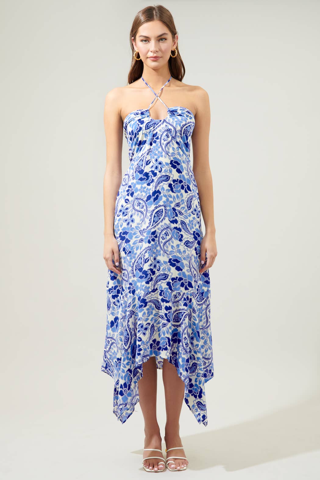 Sao Paulo Sky Augustine Convertible Halter Midi Dress: IVORY-BLUE