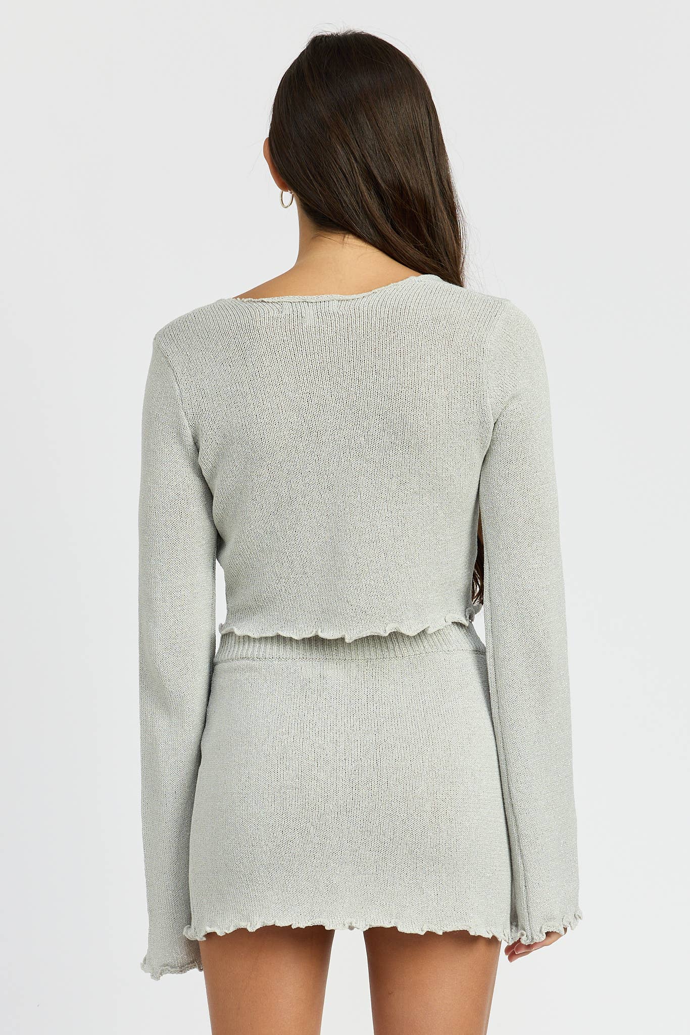 SHEER LONG SLEEVE CARDIGAN WITH FRONT TIE: SILVER IPJ1319T