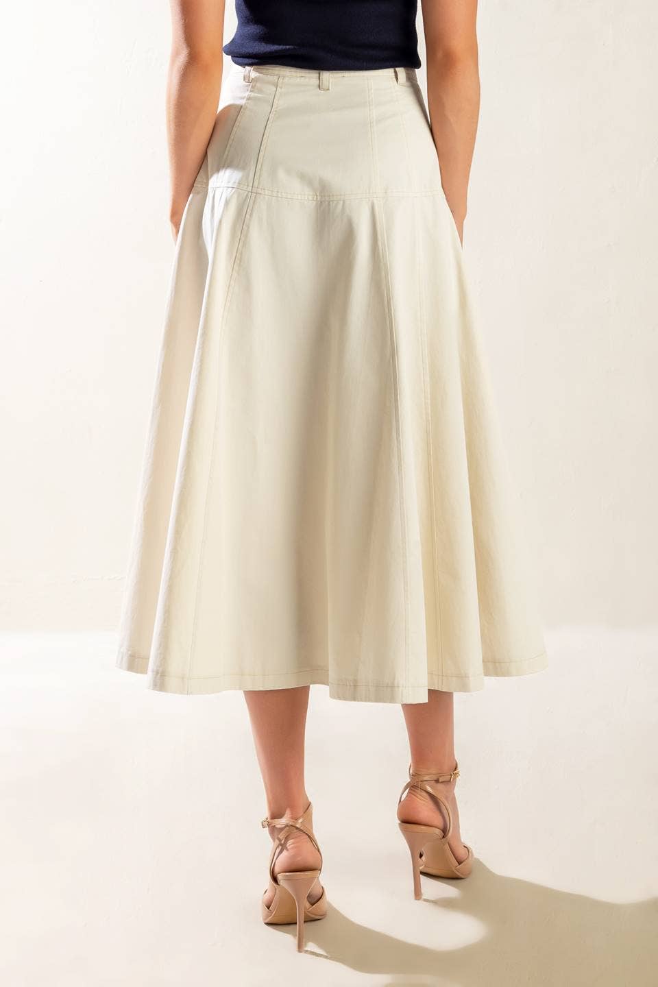 A solid woven A line midi skirt - FK1148: ECRU