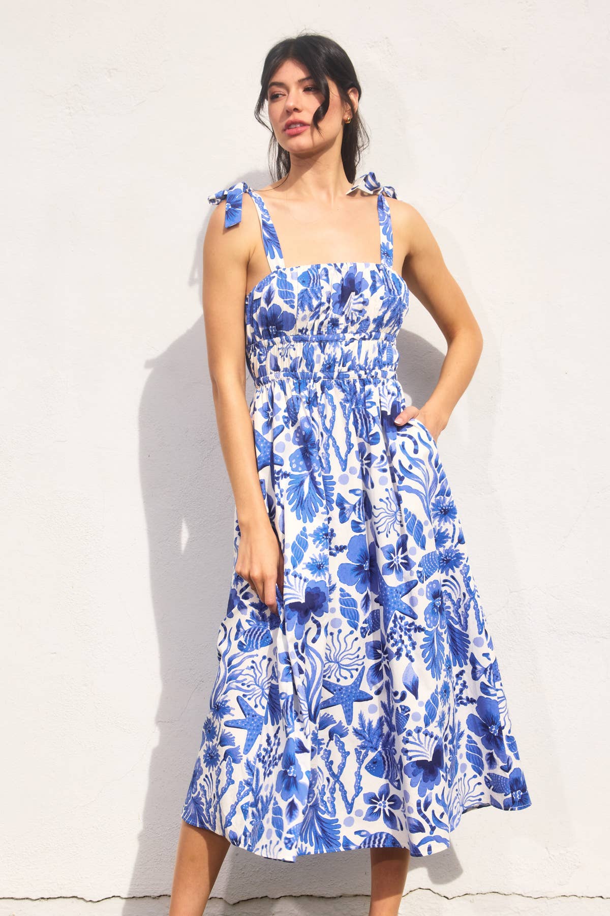 Under The Sea Shirred Fit And Flare Midi Dress: VISTA BLUE / FD11402-P1874