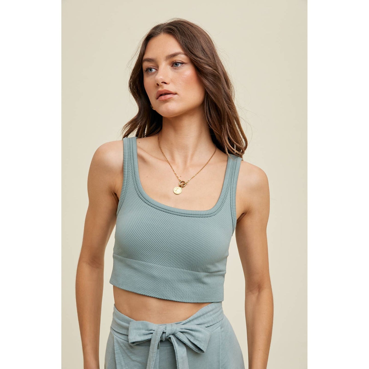 CHEVRON RIBBED SEAMLESS PADDED BRALETTE / WL23-8162: CHARCOAL