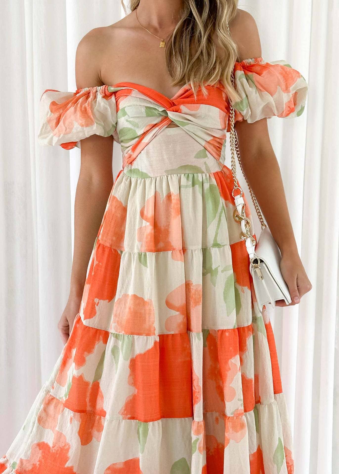 Puff off the shoulder twist floral prairie maxi dress: Yellow / RCJY00262-Yellow