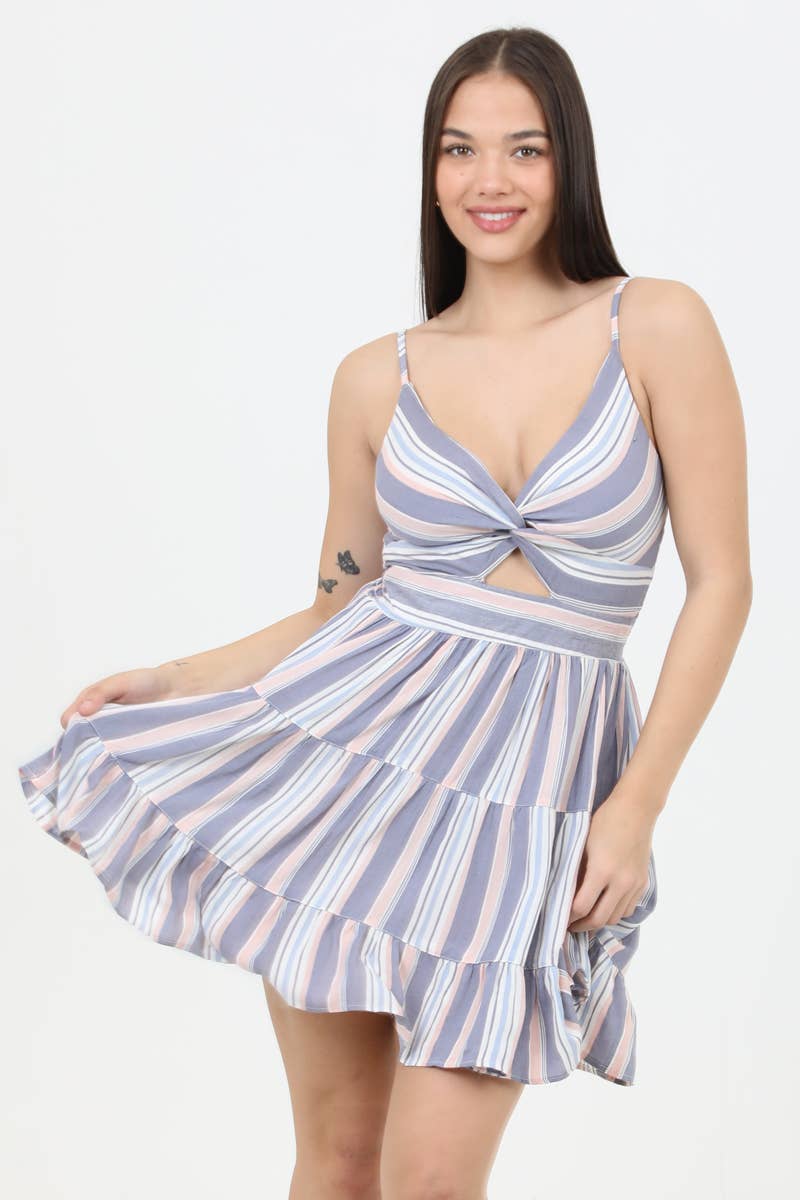 C4143-W975 TWIST FRONT KEYHOLE STRIPED DRESS