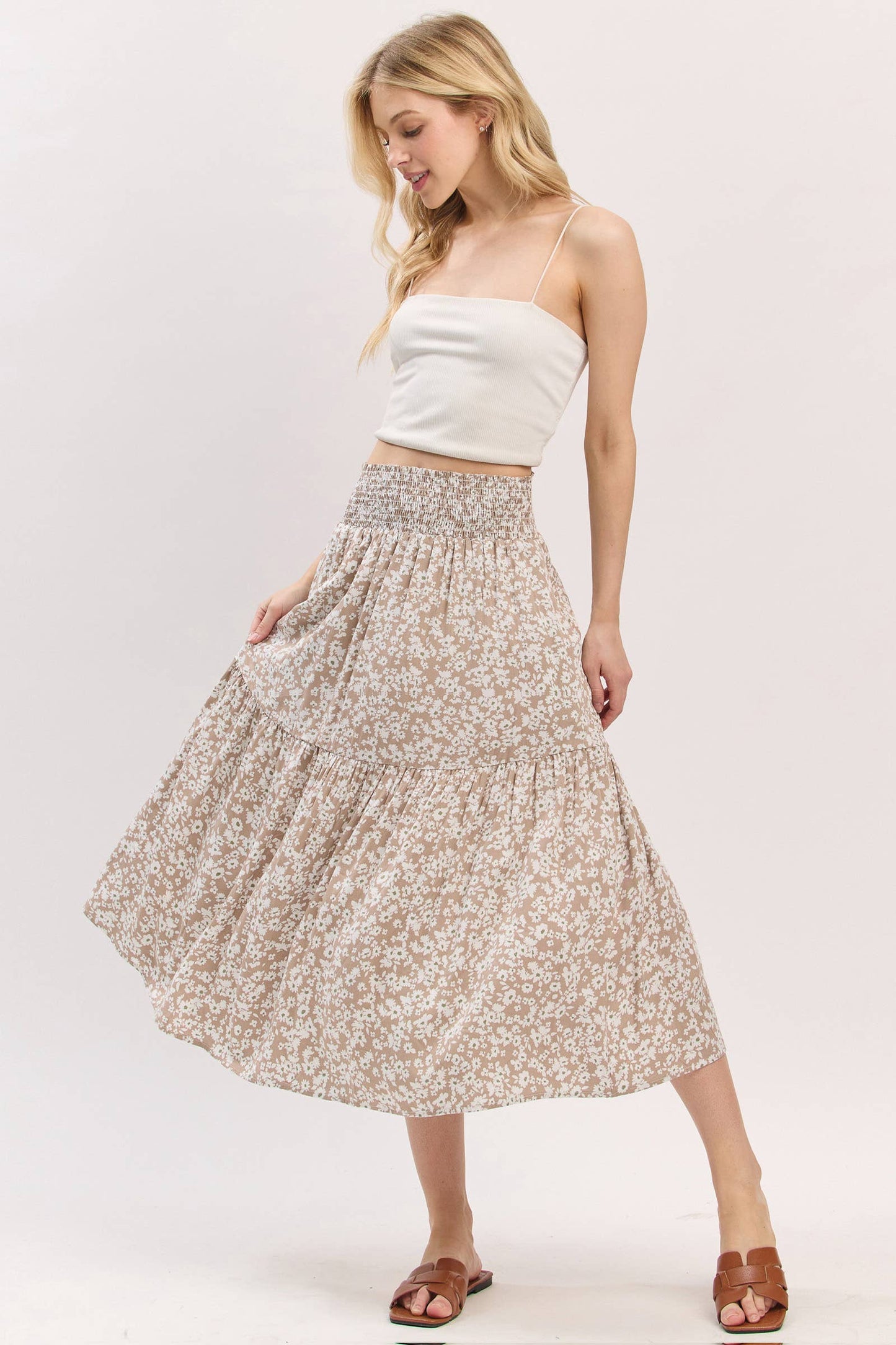 Print Tiered Midi Skirt - VS3533A: Taupe
