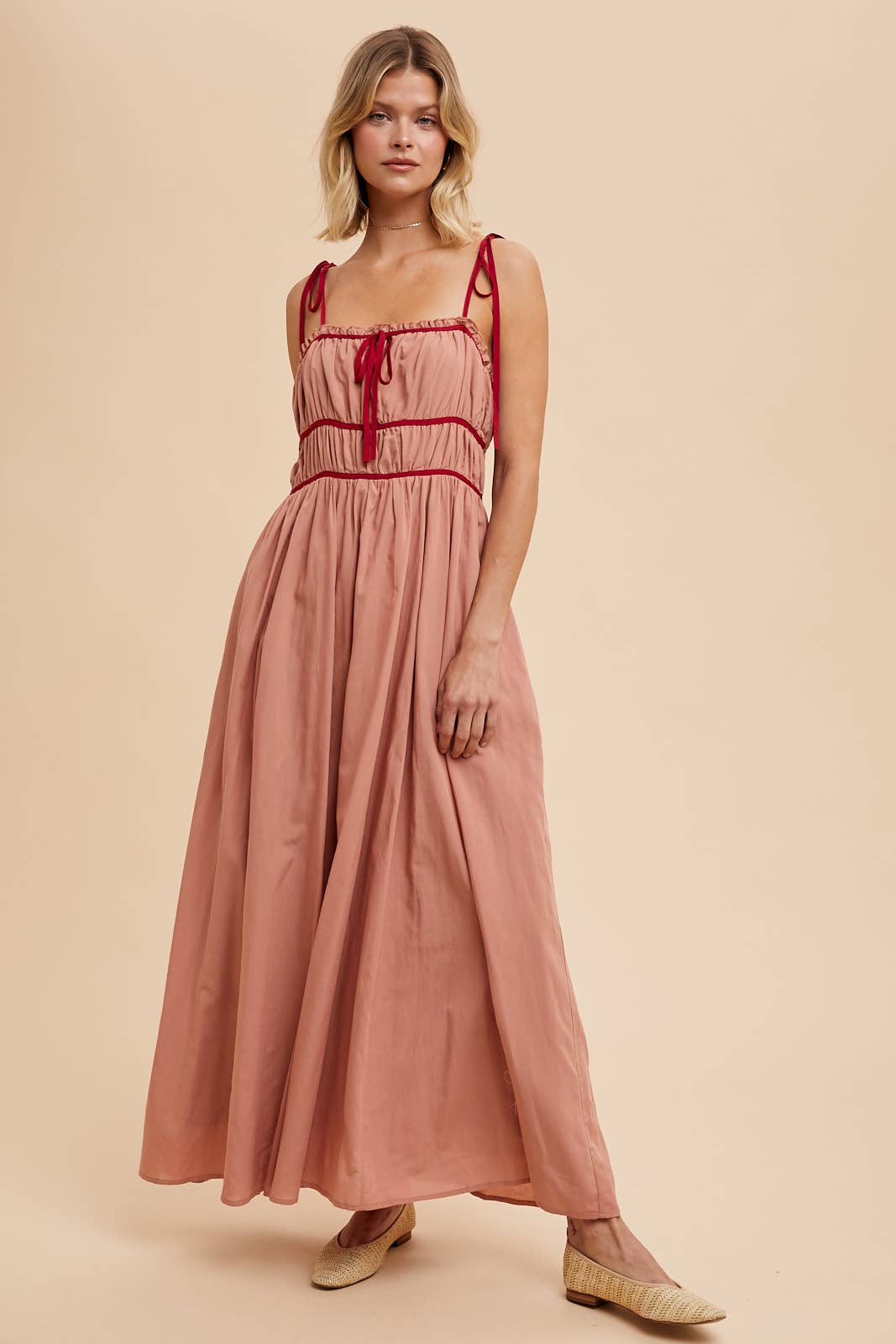 COTTON BLEND CONTRAST TRIM MAXI DRESS: EUCALYPTUS / ILD5742