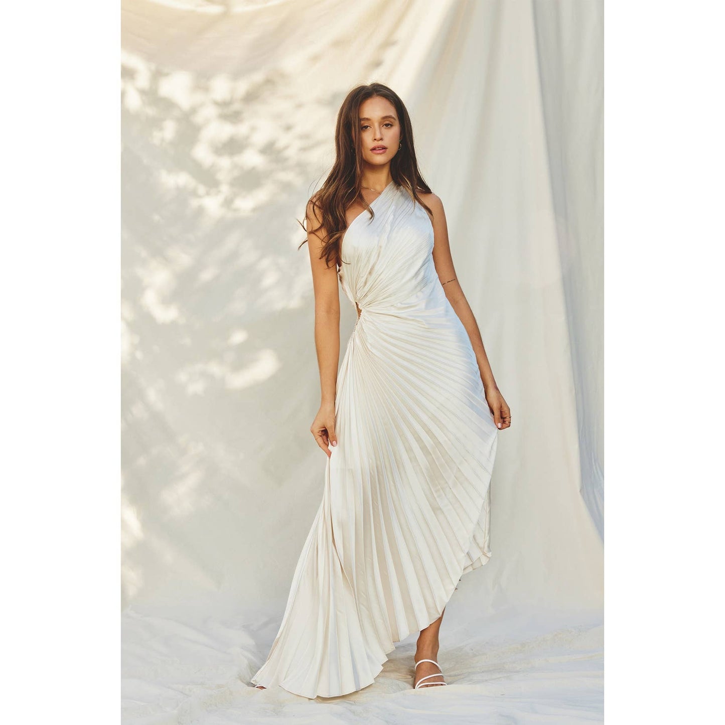 Olympia Asymmetrical Pleated Maxi Dress : BLUE SAPPHIRE