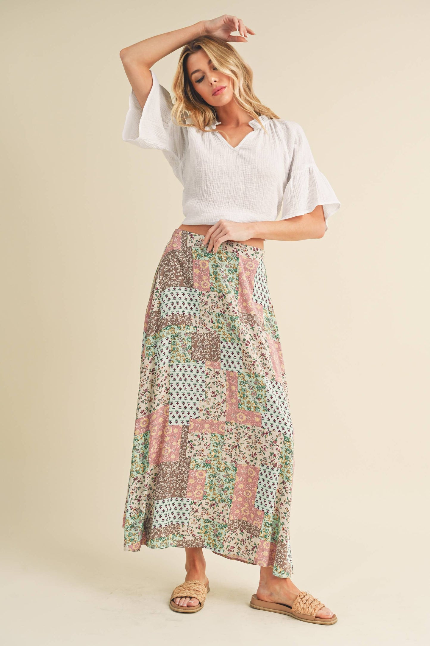773DN-C6 Bradyn Patchwork Print Skirt / Mint/Pink