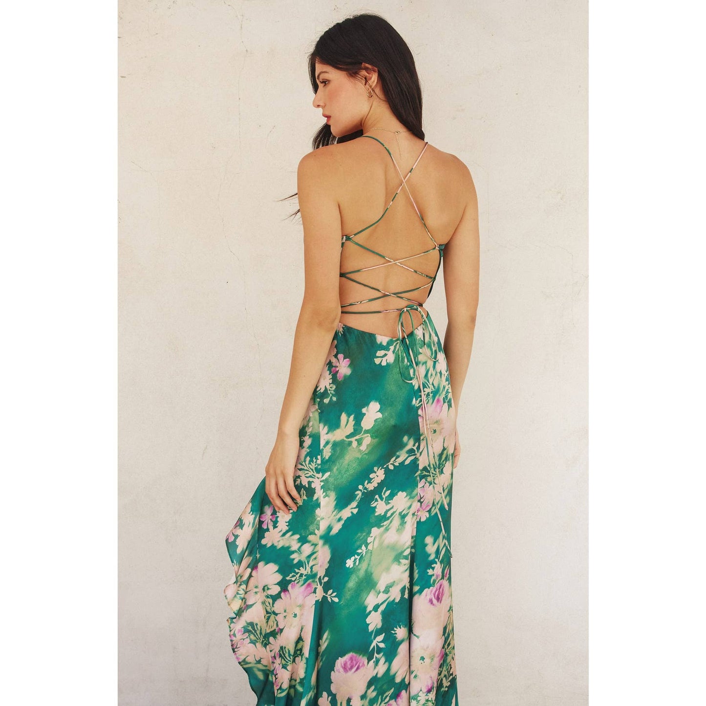 Giverny Open Back Ruffled Maxi Dress: EVERGREEN GARDEN / FD9733-P1759