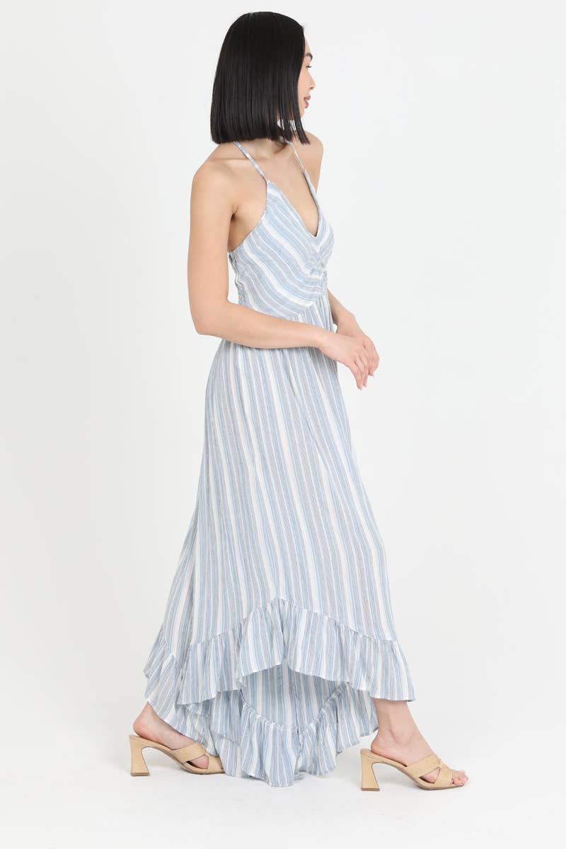 Q5X21-ML14 V NECK HALTER ANGLED HEM WIDE LEG JUMPSUIT
