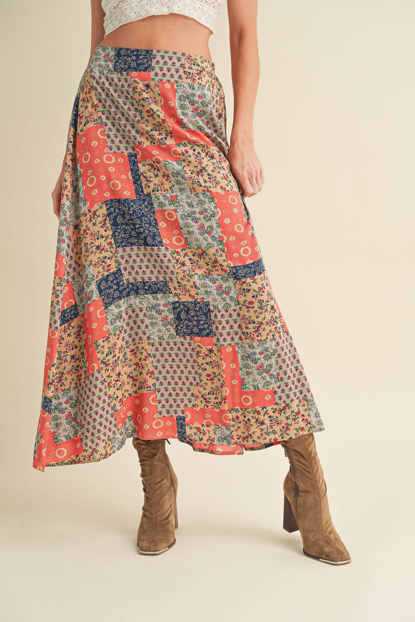 773DN-C6 Bradyn Patchwork Print Skirt / Mint/Pink