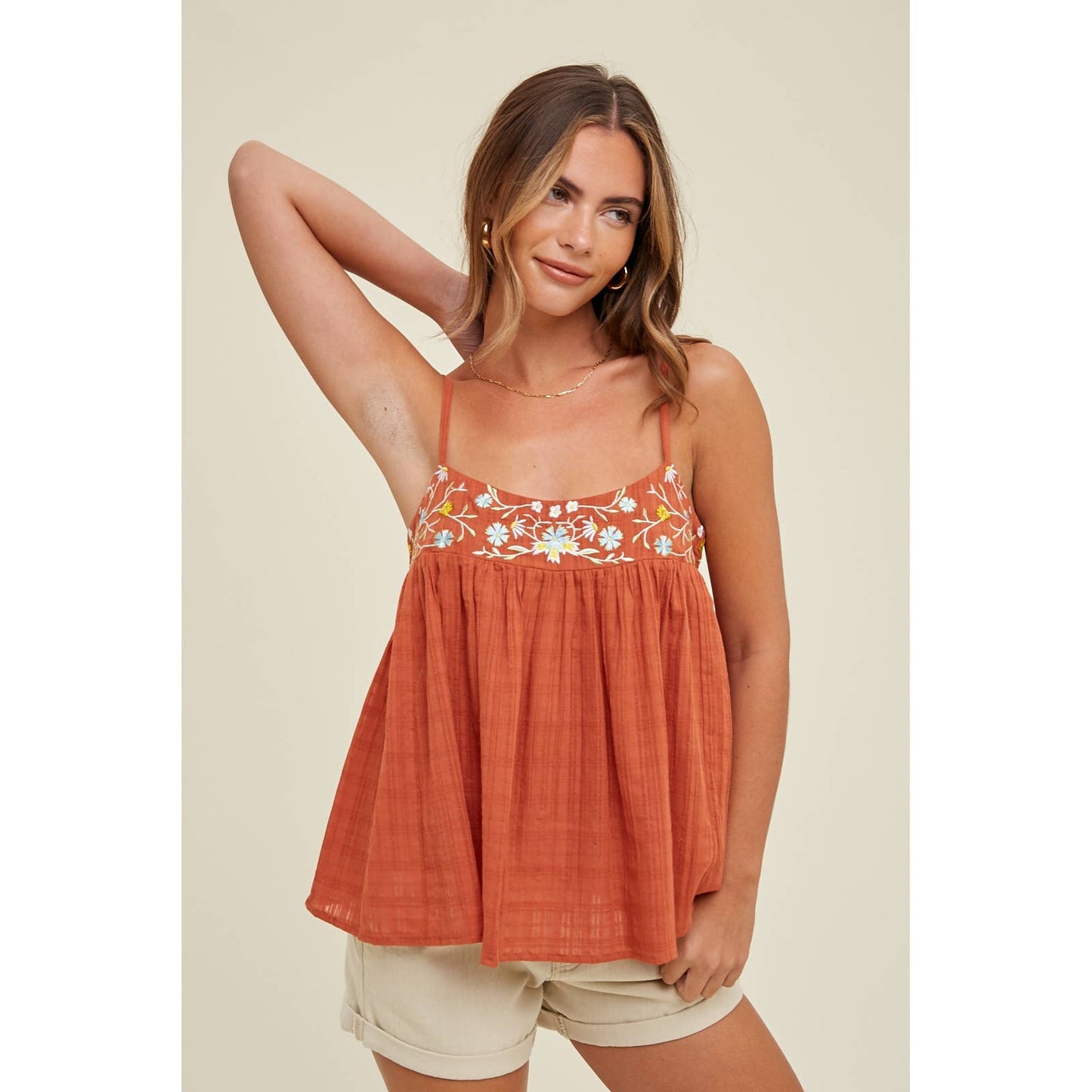 COTTON CAMI TOP WITH EMBROIDERY DETAIL / WL23-8317: IVORY